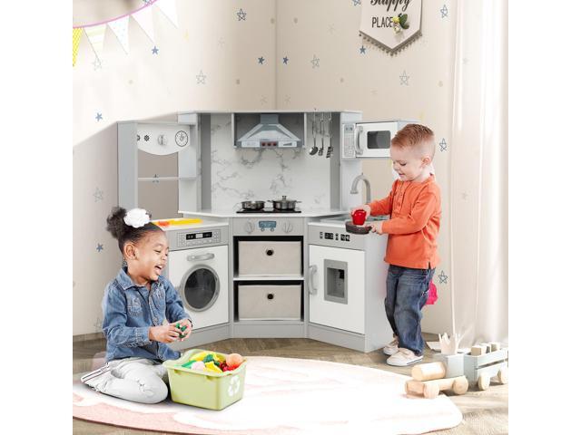 SlickBlue Wooden Kids Play Kitchen Playset with Realistic Lights and Sounds-Gray
