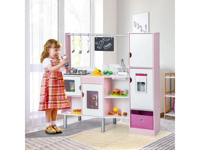SlickBlue 2-in-1 Double-sided Kids Kitchen and Market with Realistic Light and Sound-Pink