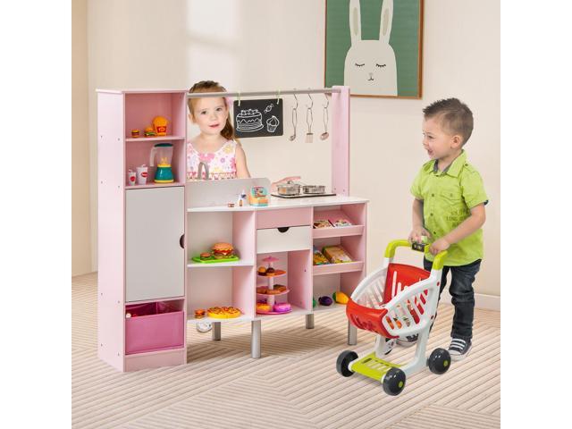 SlickBlue 2-in-1 Double-sided Kids Kitchen and Market with Realistic Light and Sound-Pink