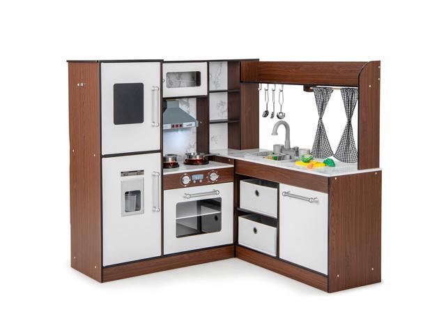 SlickBlue Wooden Corner Play Kitchen with Water Circulation System and Lights-Brown