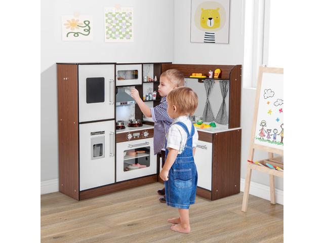 SlickBlue Wooden Corner Play Kitchen with Water Circulation System and Lights-Brown