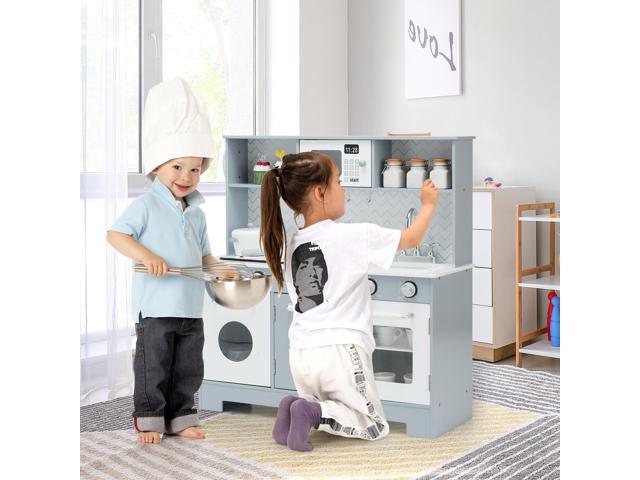 SlickBlue Pretend Play Kitchen Wooden Toy Set for Kids with Realistic Light and Sound