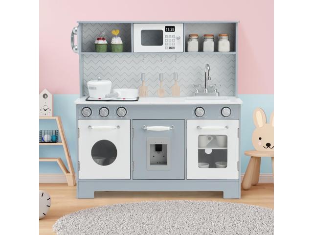 SlickBlue Pretend Play Kitchen Wooden Toy Set for Kids with Realistic Light and Sound