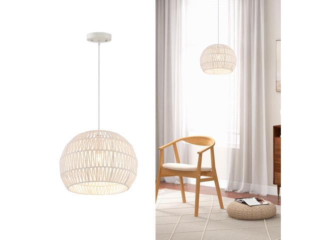 SlickBlue Round Farmhouse Rattan Pendant Lights with Adjustable Hanging Rope-Beige
