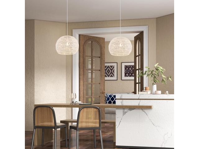 SlickBlue Round Farmhouse Rattan Pendant Lights with Adjustable Hanging Rope-Beige