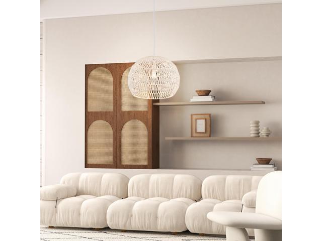 SlickBlue Round Farmhouse Rattan Pendant Lights with Adjustable Hanging Rope-Beige
