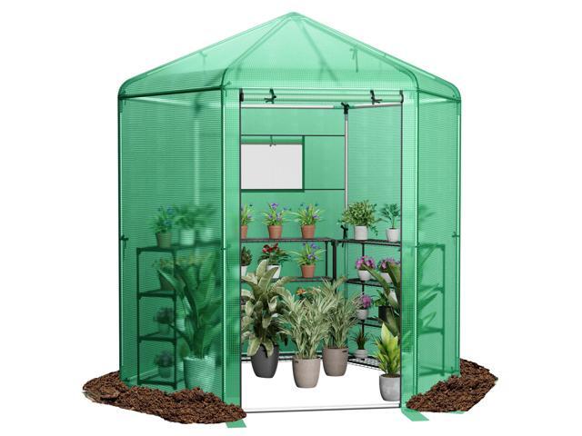 SlickBlue Walk-In Hexagonal Greenhouse with PE Cover and Metal Frame