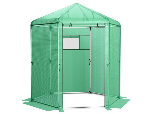 SlickBlue Walk-In Hexagonal Greenhouse with PE Cover and Metal Frame