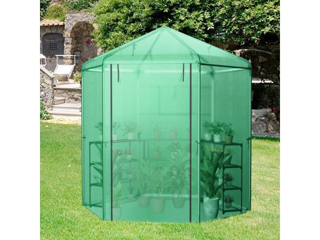SlickBlue Walk-In Hexagonal Greenhouse with PE Cover and Metal Frame