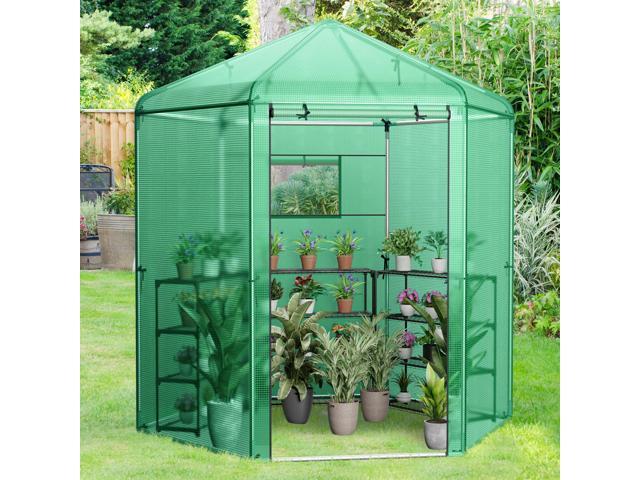SlickBlue Walk-In Hexagonal Greenhouse with PE Cover and Metal Frame