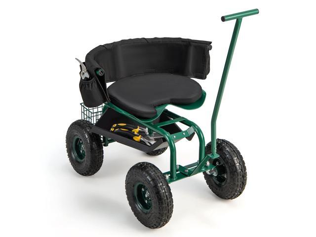 SlickBlue Rolling Garden Cart with Height Adjustable Swivel Seat and Storage Basket-Green