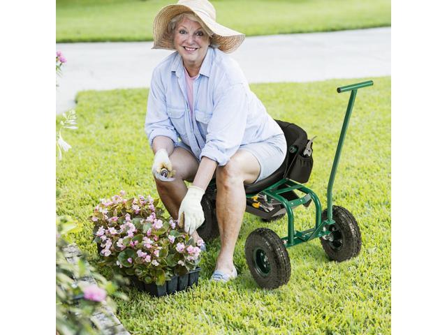 SlickBlue Rolling Garden Cart with Height Adjustable Swivel Seat and Storage Basket-Green