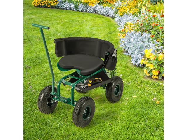 SlickBlue Rolling Garden Cart with Height Adjustable Swivel Seat and Storage Basket-Green
