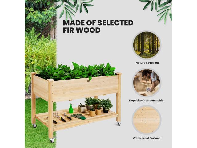 SlickBlue Wood Elevated Planter Bed with Lockable Wheels Shelf and Liner