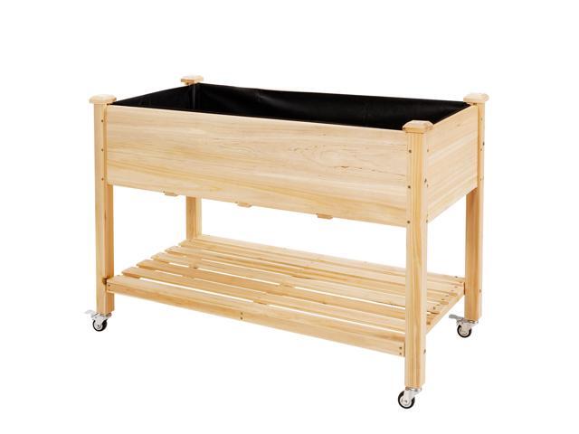 SlickBlue Wood Elevated Planter Bed with Lockable Wheels Shelf and Liner