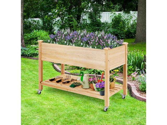 SlickBlue Wood Elevated Planter Bed with Lockable Wheels Shelf and Liner