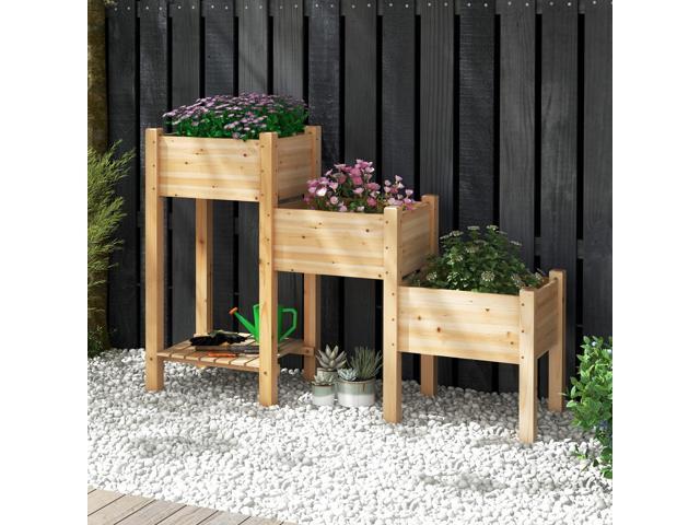 SlickBlue 3-Tier Wooden Raised Garden Bed with Open Storage Shelf-Natural