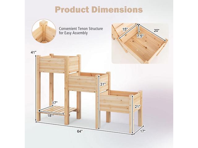 SlickBlue 3-Tier Wooden Raised Garden Bed with Open Storage Shelf-Natural