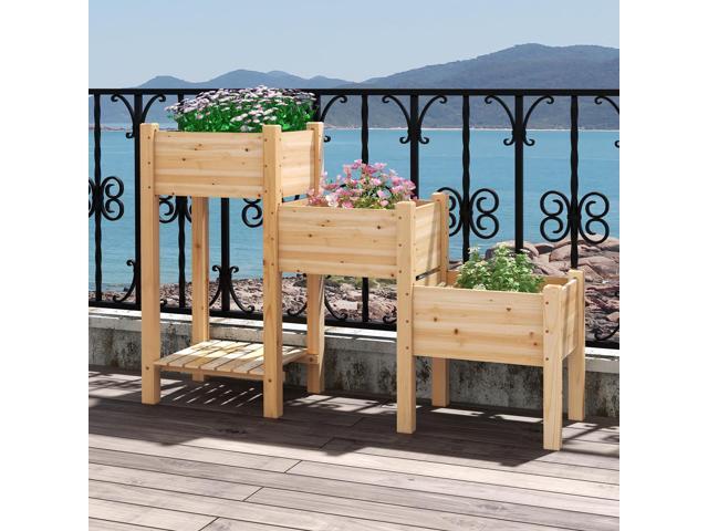 SlickBlue 3-Tier Wooden Raised Garden Bed with Open Storage Shelf-Natural