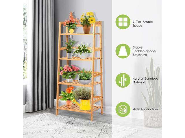 SlickBlue 4-Tier Bamboo Plant Rack with Guardrails Stable and Space-Saving