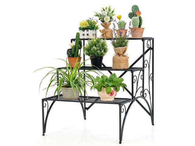 SlickBlue 3-Tier Metal Plant Stand with Widened Grid Shelf for Porch Garden-Black