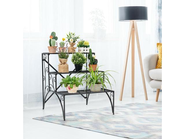 SlickBlue 3-Tier Metal Plant Stand with Widened Grid Shelf for Porch Garden-Black