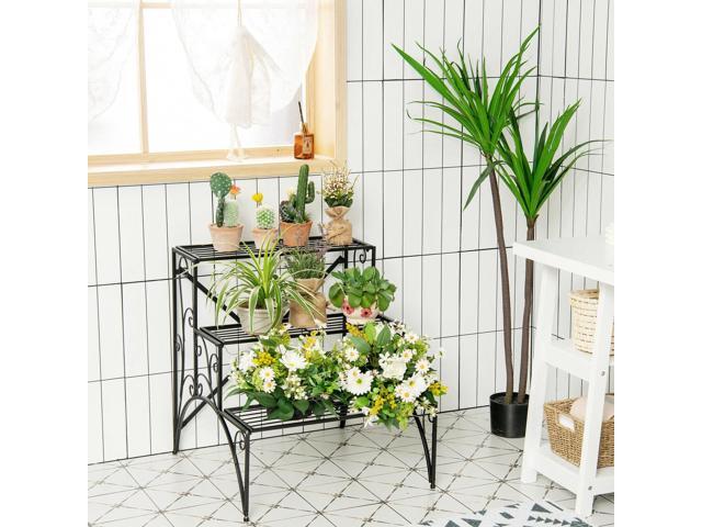 SlickBlue 3-Tier Metal Plant Stand with Widened Grid Shelf for Porch Garden-Black
