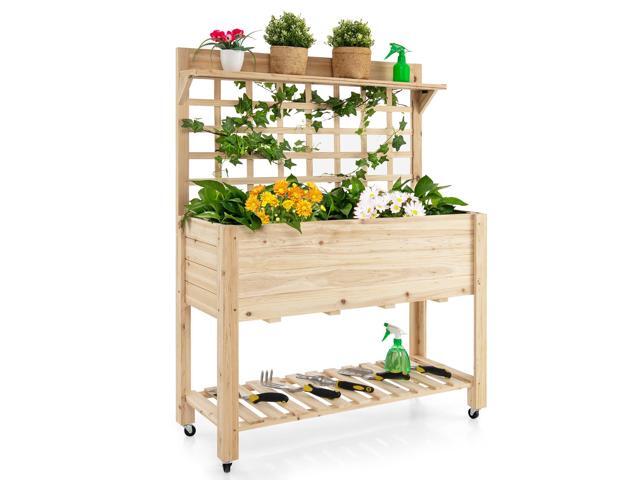 SlickBlue Wooden Raised Garden Bed with Wheels Trellis and Storage Shelf