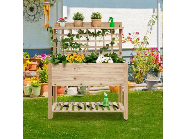 SlickBlue Wooden Raised Garden Bed with Wheels Trellis and Storage Shelf