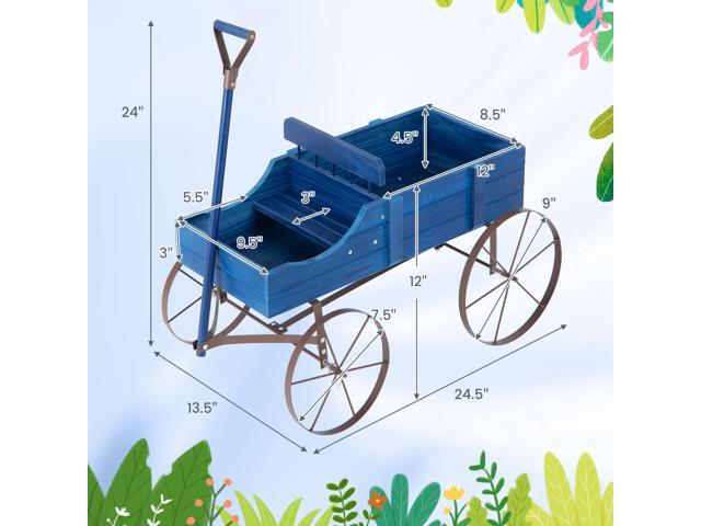 SlickBlue Wooden Wagon Plant Bed with Metal Wheels for Garden Yard Patio