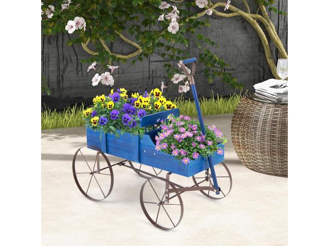 SlickBlue Wooden Wagon Plant Bed with Metal Wheels for Garden Yard Patio