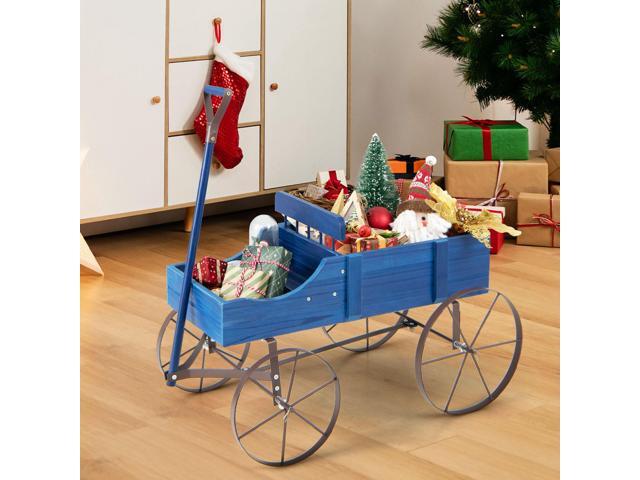 SlickBlue Wooden Wagon Plant Bed with Metal Wheels for Garden Yard Patio