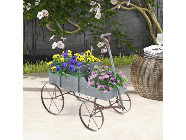 SlickBlue Wooden Wagon Plant Bed with Metal Wheels for Garden Yard Patio