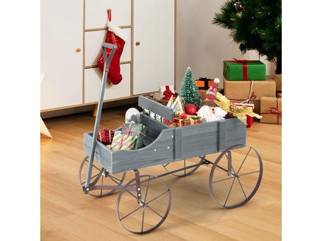 SlickBlue Wooden Wagon Plant Bed with Metal Wheels for Garden Yard Patio