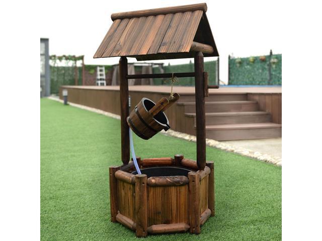 SlickBlue Garden Rustic Wishing Well Wooden Water Fountain with Pump