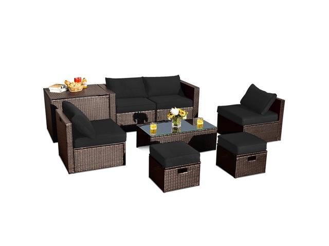 SlickBlue 8 Pieces Patio Space-Saving Rattan Furniture Set with Storage Box and Waterproof Cover