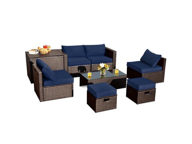 SlickBlue 8 Pieces Patio Space-Saving Rattan Furniture Set with Storage Box and Waterproof Cover
