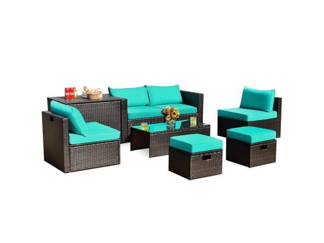 SlickBlue 8 Pieces Patio Space-Saving Rattan Furniture Set with Storage Box and Waterproof Cover