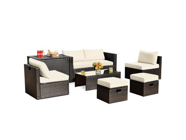 SlickBlue 8 Pieces Patio Space-Saving Rattan Furniture Set with Storage Box and Waterproof Cover