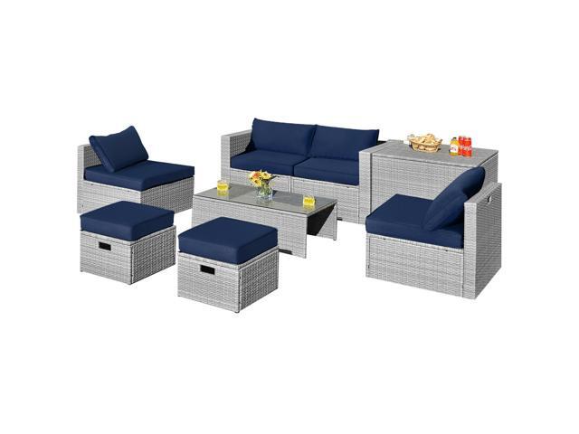 SlickBlue 8 Pieces Patio Rattan Furniture Set with Storage Waterproof Cover and Cushion