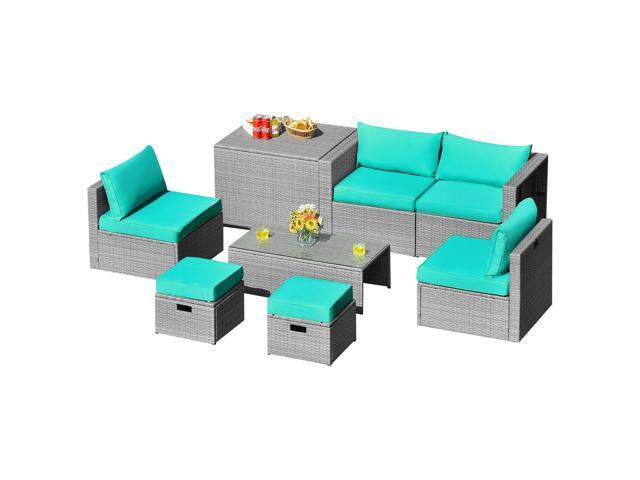 SlickBlue 8 Pieces Patio Rattan Furniture Set with Storage Waterproof Cover and Cushion