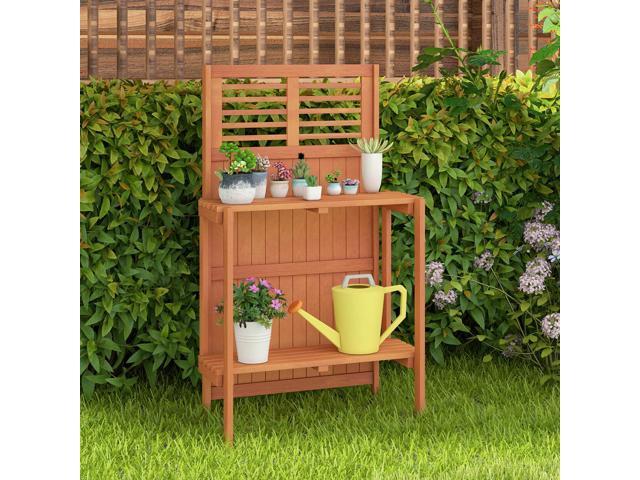 SlickBlue Folding Garden Potting Bench with 2-tier Storage Shelves and Teak Oil Finish for Garden Yard Balcony
