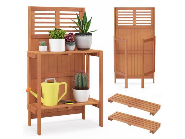 SlickBlue Folding Garden Potting Bench with 2-tier Storage Shelves and Teak Oil Finish for Garden Yard Balcony