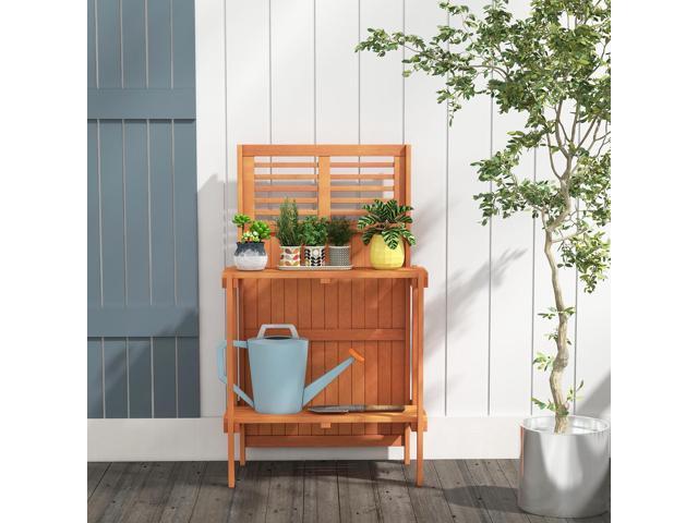 SlickBlue Folding Garden Potting Bench with 2-tier Storage Shelves and Teak Oil Finish for Garden Yard Balcony