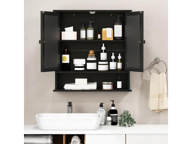 SlickBlue Double Door Wall-Mounted Bathroom Mirror Cabinet with Storage Shelf-Black