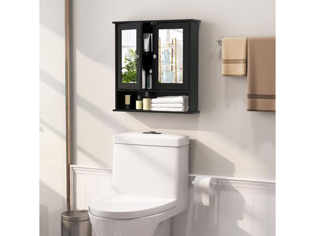 SlickBlue Double Door Wall-Mounted Bathroom Mirror Cabinet with Storage Shelf-Black