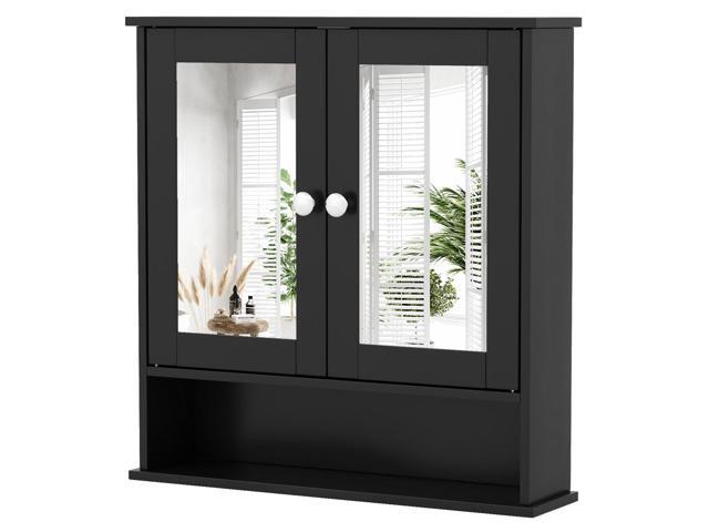 SlickBlue Double Door Wall-Mounted Bathroom Mirror Cabinet with Storage Shelf-Black