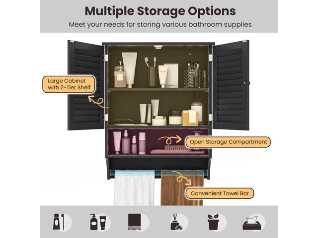 SlickBlue 2-Doors Bathroom Wall-Mounted Medicine Cabinet with Towel Bar-Black