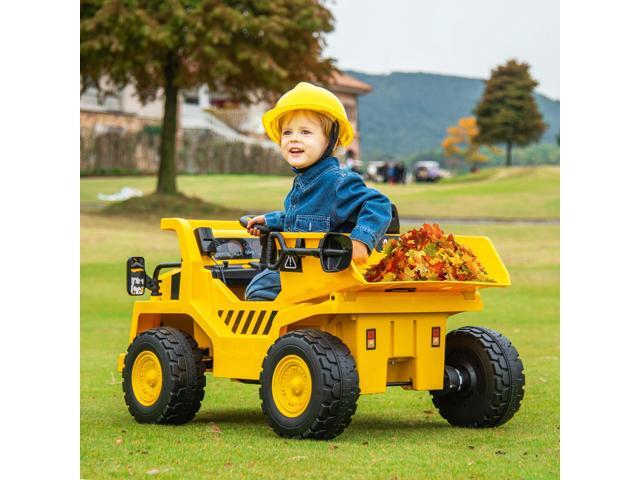 SlickBlue 12V Caterpillar Licensed Kids Ride on Dump Truck with Tiltable Bump Bed-Yellow