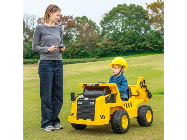 SlickBlue 12V Caterpillar Licensed Kids Ride on Dump Truck with Tiltable Bump Bed-Yellow